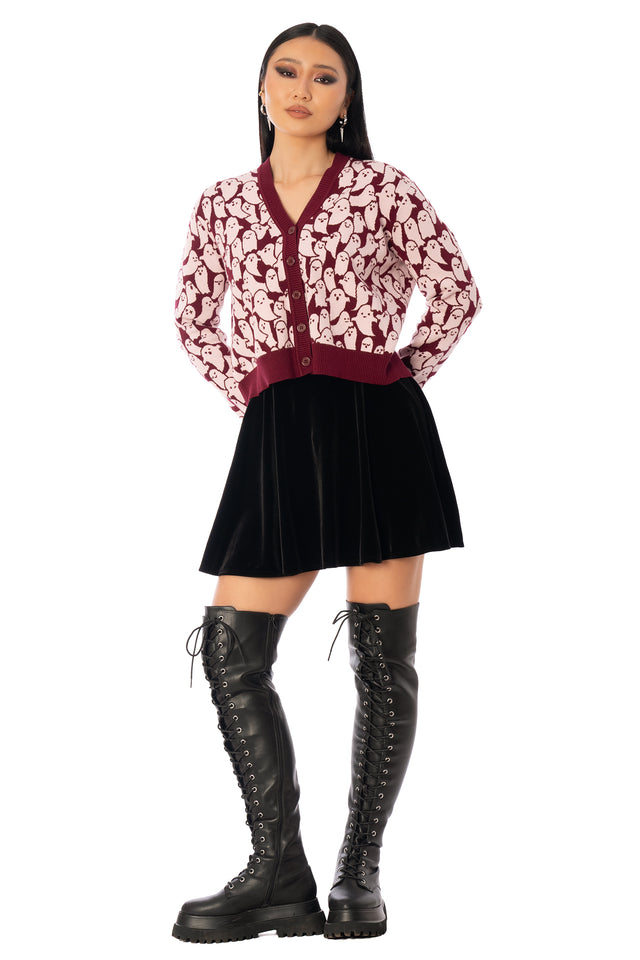 BlackMilk Cutie-Patooohtie Knit Cardigan – pink ghost print cropped Halloween knit cardigan, part of the BlackMilk Clothing Halloween collection