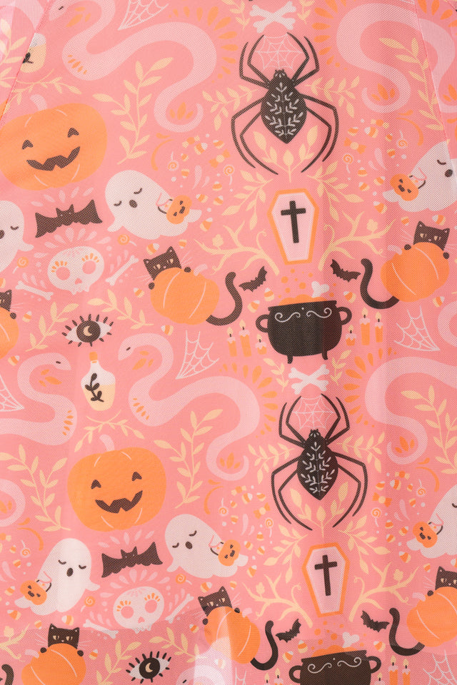 BlackMilk Coven Cutie Princess Spectre Dress – pink ghost and pumpkin print sheer bell-sleeve Halloween dress, part of the BlackMilk Clothing Halloween collection