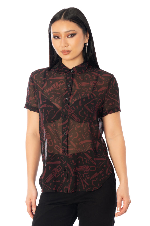BlackMilk Slasher Cute as a Button Shirt – black horror slasher weapon print button-up Halloween shirt, part of the BlackMilk Clothing Halloween collection