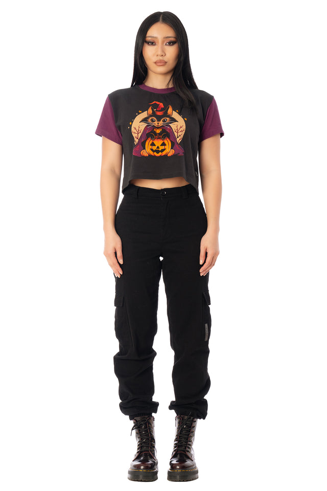 BlackMilk Magic and Mischief Cotton Baby Tee – purple pumpkin and witch print cropped baby tee, part of the BlackMilk Clothing Halloween collection