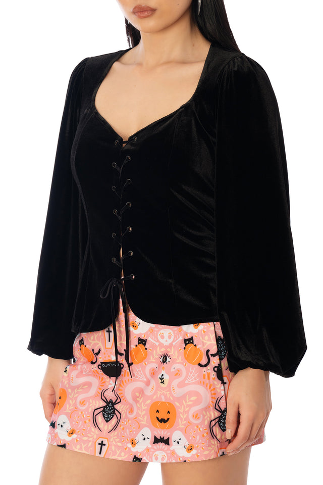 BlackMilk Black Velvet Lace Up Long Sleeve Juliet Top – black gothic romance velvet lace-up puff sleeve Halloween top, part of the BlackMilk Clothing Halloween collection