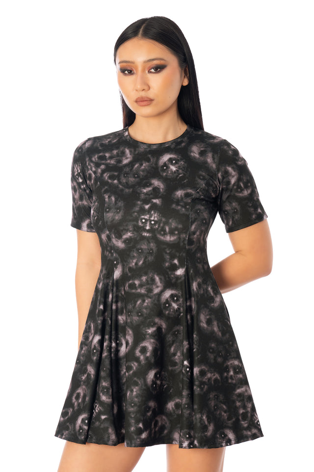 BlackMilk Horror Bound Evil Tee Dress – grey trapped-souls skull print mini Halloween tee dress, part of the BlackMilk Clothing Halloween collection