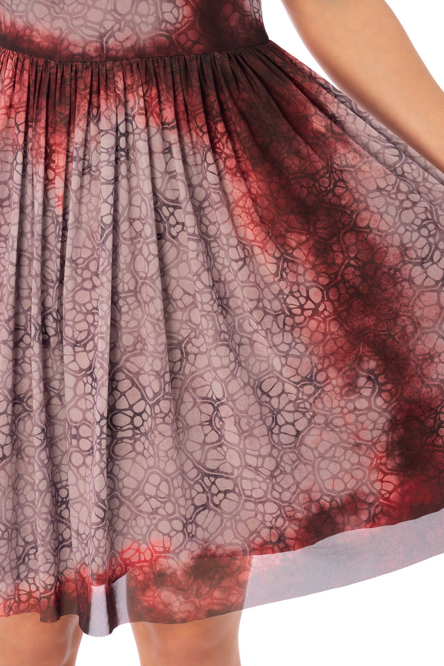 BlackMilk Final Girl Longline Tea Party Dress – dusty mauve blood-splatter print sheer Halloween tea party dress, part of the BlackMilk Clothing Halloween collection