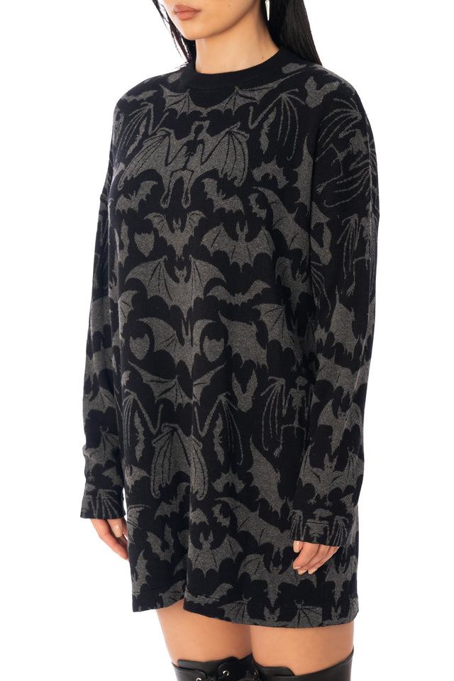 BlackMilk Gone Batty Lightweight Oversized Crew Knit – black bat print unisex slouchy Halloween knit sweater, part of the BlackMilk Clothing Halloween collection
