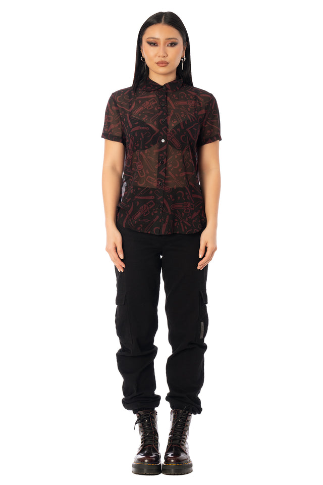 BlackMilk Slasher Cute as a Button Shirt – black horror slasher weapon print button-up Halloween shirt, part of the BlackMilk Clothing Halloween collection