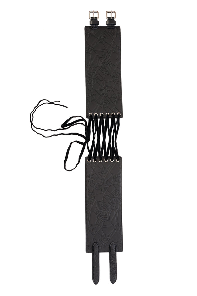 BlackMilk Waist Weaver Tie It Up Corset Belt – black embossed spiderweb vegan leather Halloween corset belt, part of the BlackMilk Clothing Halloween collection