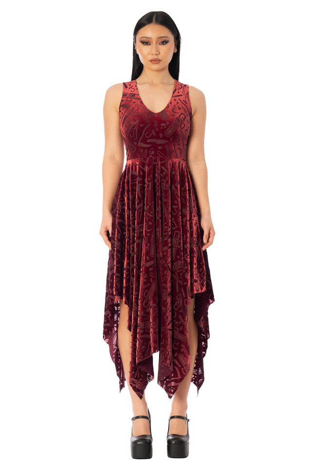 BlackMilk Slasher Burned Velvet V Neck Handkerchief Dress – red horror slasher weapon print burned velvet Halloween dress, part of the BlackMilk Clothing Halloween collection