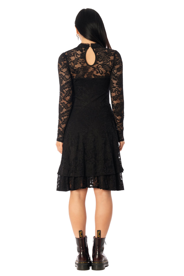 BlackMilk Dark Darling Lace Longline Dress – black gothic Victorian floral lace long sleeve Halloween dress, part of the BlackMilk Clothing Halloween collection