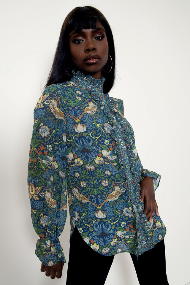 Strawberry Thief Blue Sheer Ruffle Shirt