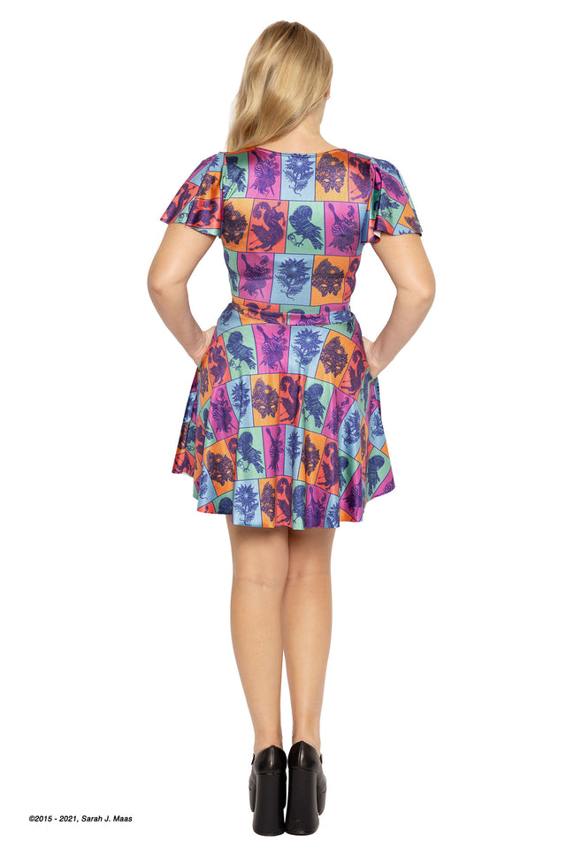 Sarah J Maas ACOTAR Rio skater dress, A Court of Thorns and Roses inspired dress with symbolic motifs from the series, cap sleeves, fitted bodice and flared skirt with pockets, fantasy outfit
