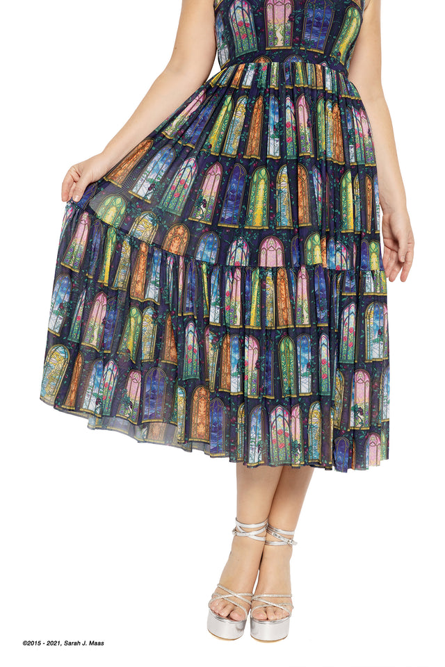 Sarah J Maas ACOTAR Courts of Prythian midaxi dress, A Court of Thorns and Roses inspired sheer dress with stained glass pattern, adjustable straps, layered fabric and mid length flowing shape