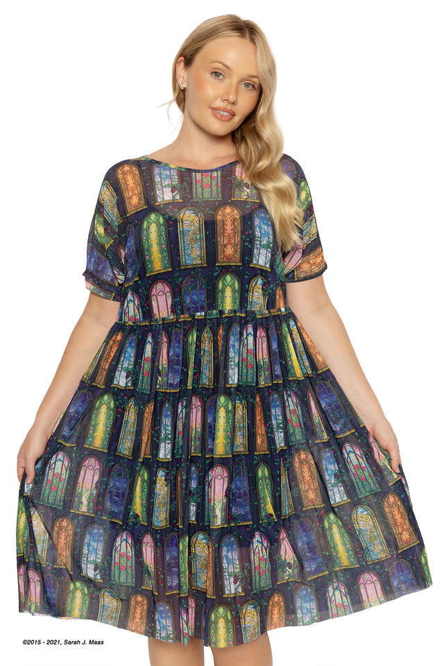 ACOTAR series Courts of Prythian sheer dress, inspired by A Court of Thorns and Roses books by Sarah J Maas, featuring stained glass pattern representing the seven courts, sheer mesh fabric and relaxed smock silhouette