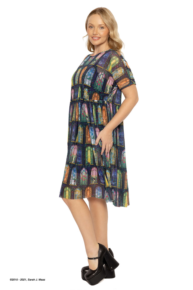 Courts of Prythian stained glass dress ACOTAR inspired, A Court of Thorns and Roses series sheer smock dress by Sarah J Maas with oversized fit, lightweight mesh and tiered skirt, fantasy aesthetic outfit