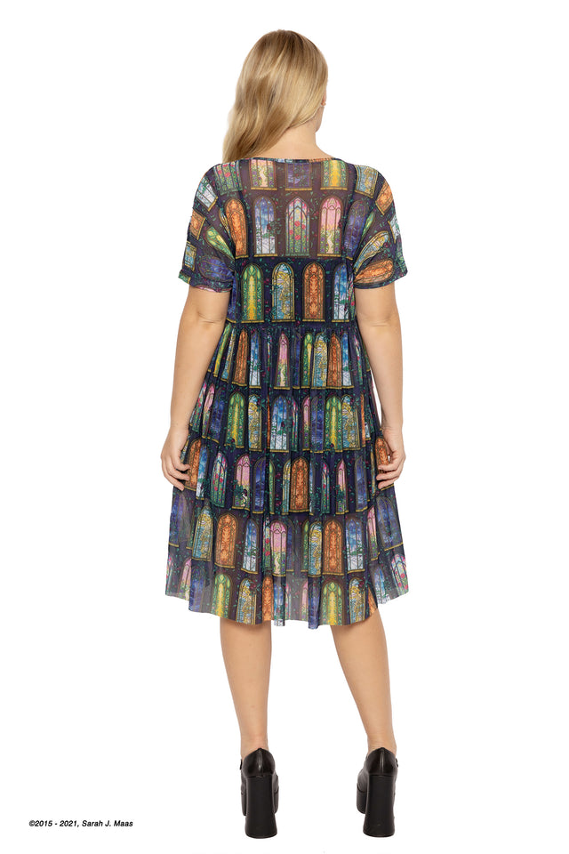 A Court of Thorns and Roses series Courts of Prythian dress, ACOTAR sheer smock dress by Sarah J Maas with multicolour stained glass print, relaxed fit, gathered waist and flowing silhouette, fantasy fashion style