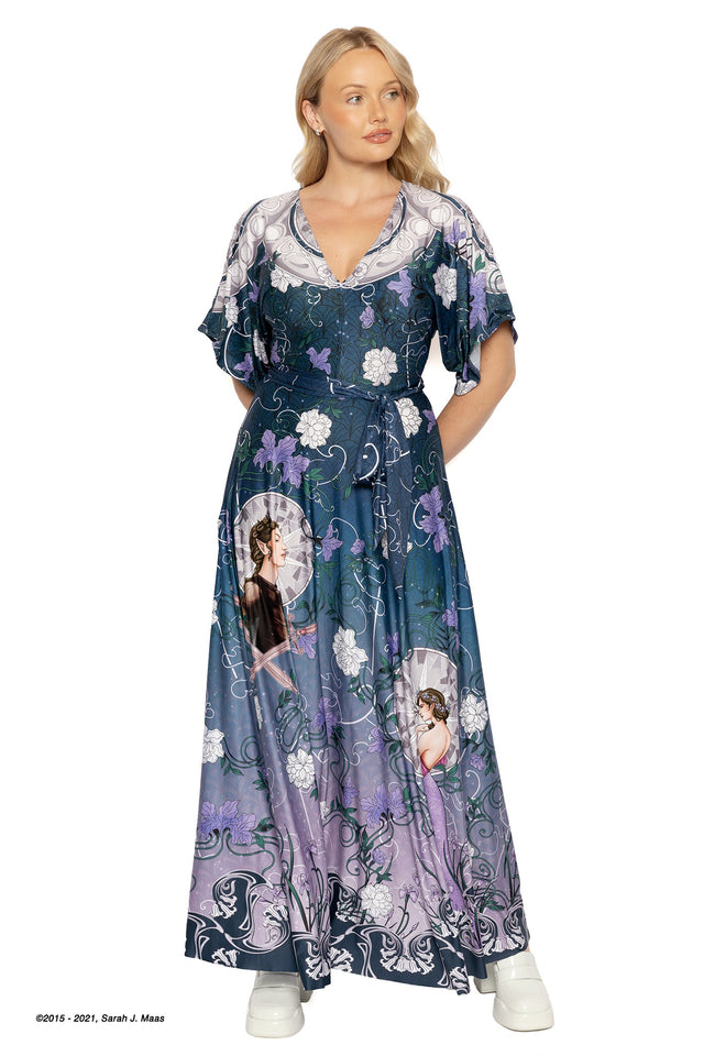 ACOTAR series House of Archeron maxi dress, inspired by A Court of Thorns and Roses books by Sarah J Maas, featuring character artwork of Feyre, Nesta and Elain, V neckline, kimono sleeves and long flowing skirt