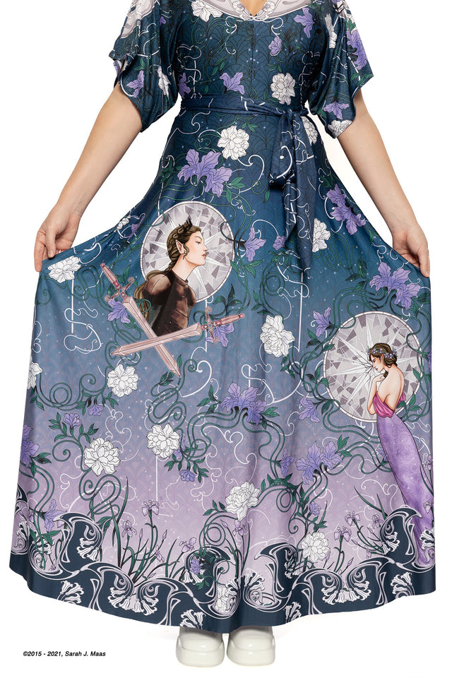 A Court of Thorns and Roses series House of Archeron dress, ACOTAR kimono maxi dress by Sarah J Maas with character print of Feyre, Nesta and Elain, wide sleeves, fitted bodice and soft flowing fabric