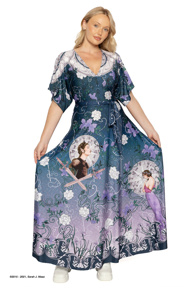 House of Archeron kimono dress ACOTAR inspired, A Court of Thorns and Roses series maxi dress by Sarah J Maas with Feyre, Nesta and Elain design, floral elements and flowing full length silhouette