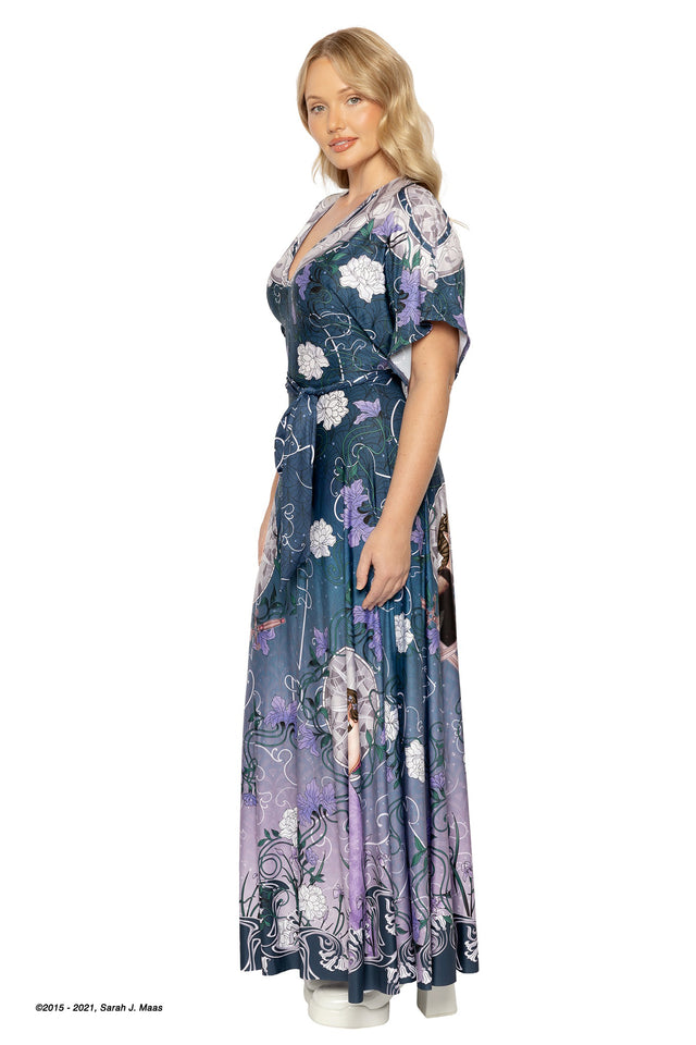 ACOTAR books inspired House of Archeron maxi dress, A Court of Thorns and Roses series design by Sarah J Maas with Feyre, Nesta and Elain artwork, floral details and long flowing silhouette
