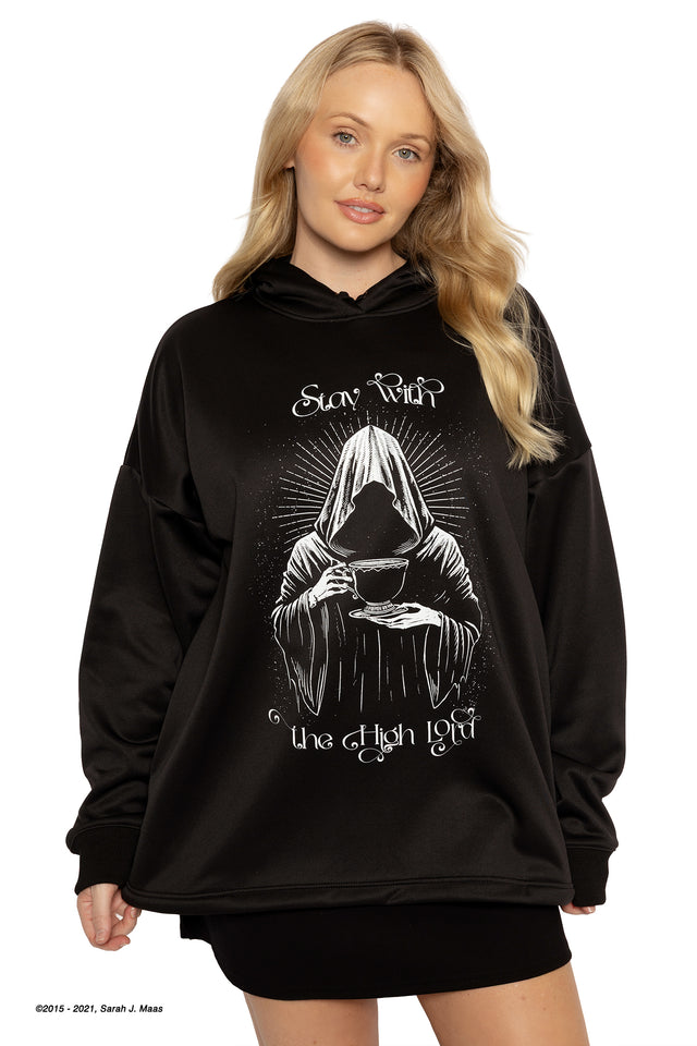 ACOTAR Suriel Spill the Tea oversized hoodie in black, inspired by A Court of Thorns and Roses series by Sarah J Maas, featuring graphic print design, fleece lined fabric, oversized unisex fit and cosy hood, fantasy loungewear piece