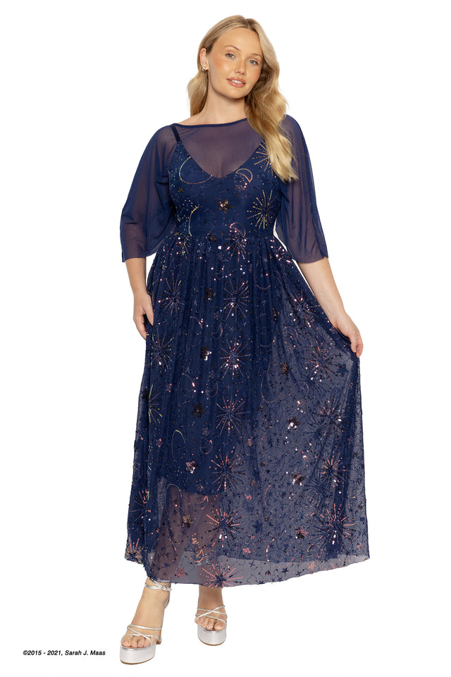 A Court of Thorns and Roses Starfall maxi dress, ACOTAR inspired navy sequin dress by Sarah J Maas with starburst pattern, sheer cape detail, layered mesh fabric and flowing silhouette, Night Court evening outfit