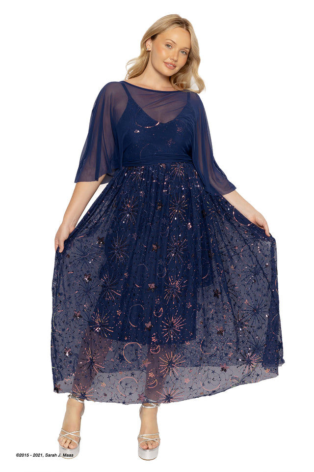 BlackMilk x ACOTAR | Navy Starburst Sequin Maxi Dress with Cape | Blue | L BlackMilk x ACOTAR | Navy Starburst Sequin Maxi Dress with Cape | Blue | L
