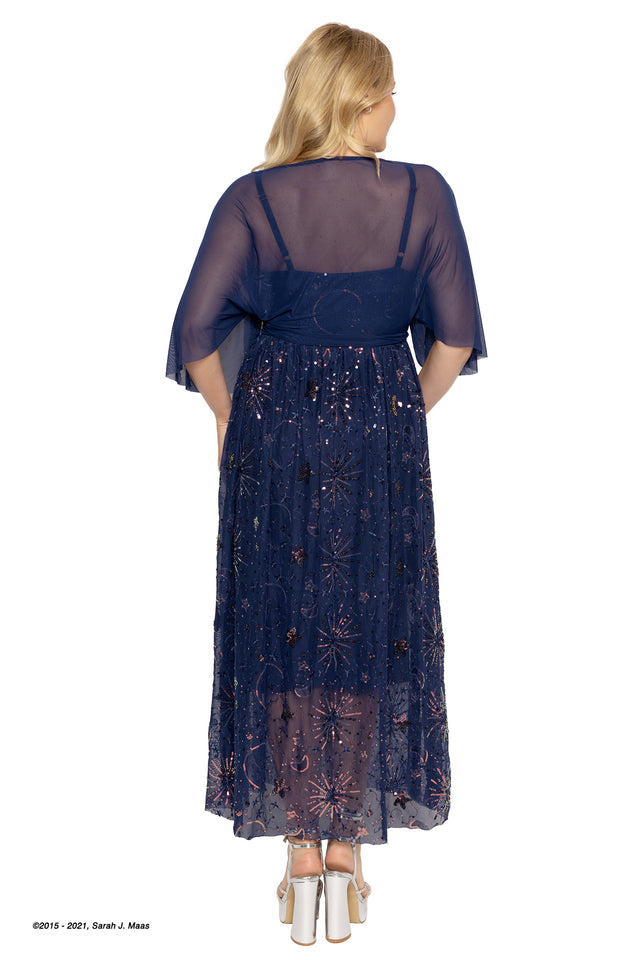 A Court of Thorns and Roses series Starfall dress, ACOTAR navy sequin maxi dress by Sarah J Maas with scattered starburst pattern, sheer cape overlay, adjustable straps and swishing layered skirt