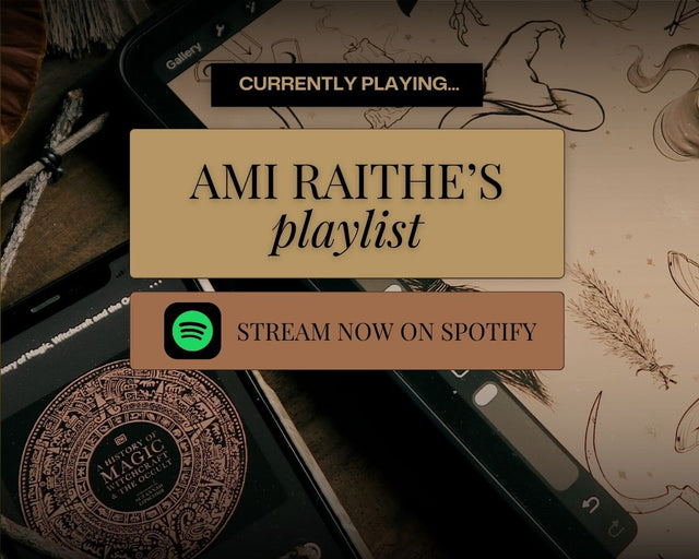 Promotional graphic for Ami Raithe's Spotify playlist, featuring a smartphone displaying a Spotify player interface with the text 'Currently Playing.