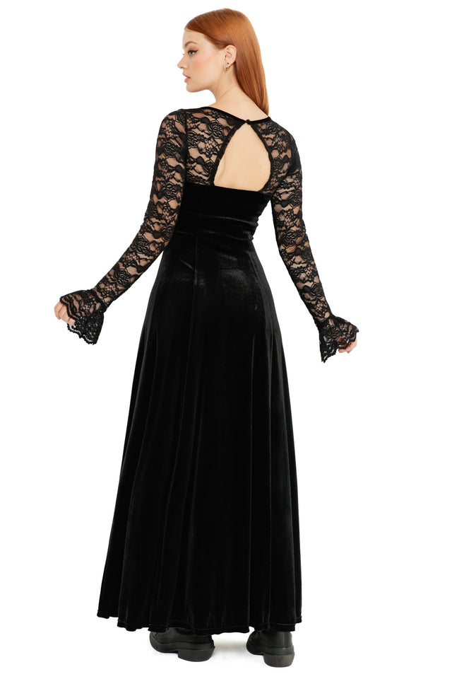 Black Abyss Lace Long Sleeve Velvet Maxi Dress featuring sheer lace sleeves, soft velvet texture and a romantic gothic maxi length