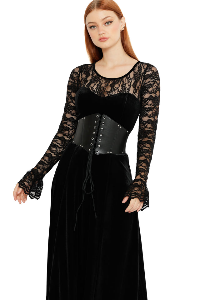 Front view of the Abyss Lace Long Sleeve Velvet Maxi Dress, showcasing black velvet fabric, sheer floral lace long sleeves and a dramatic gothic silhouette