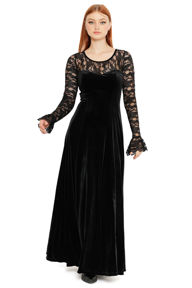 Model styled in the Abyss Lace Long Sleeve Velvet Maxi Dress, highlighting the lace long sleeves, velvet bodice and elegant flowing hem
