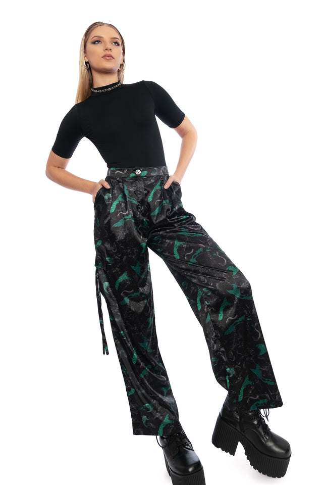 Abyss Wide Leg Satin Cargo Pants