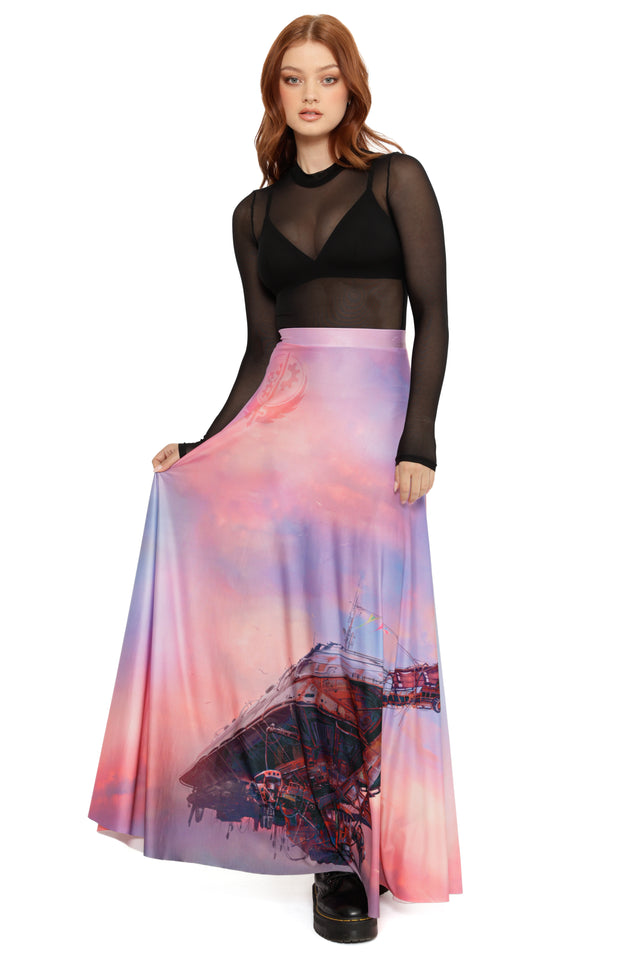 Fallout x BlackMilk Ad Victoriam Maxi Skirt featuring bold Brotherhood of Steel airship design on soft pastel fabric.