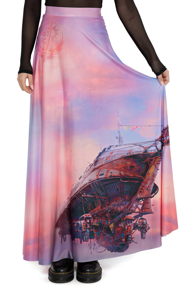 Flowing Fallout x BlackMilk Ad Victoriam Maxi Skirt in pastel sunset tones with large Brotherhood of Steel airship design.