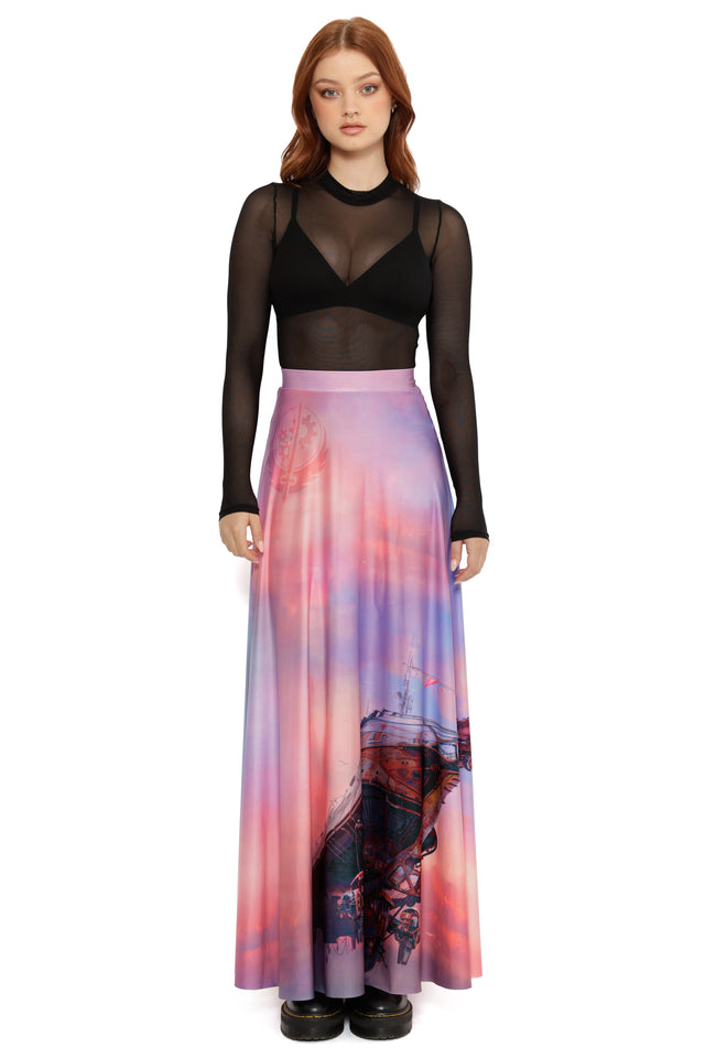 Long flowing Fallout x BlackMilk Ad Victoriam Maxi Skirt featuring pink, lilac and coral hues with detailed airship illustration.