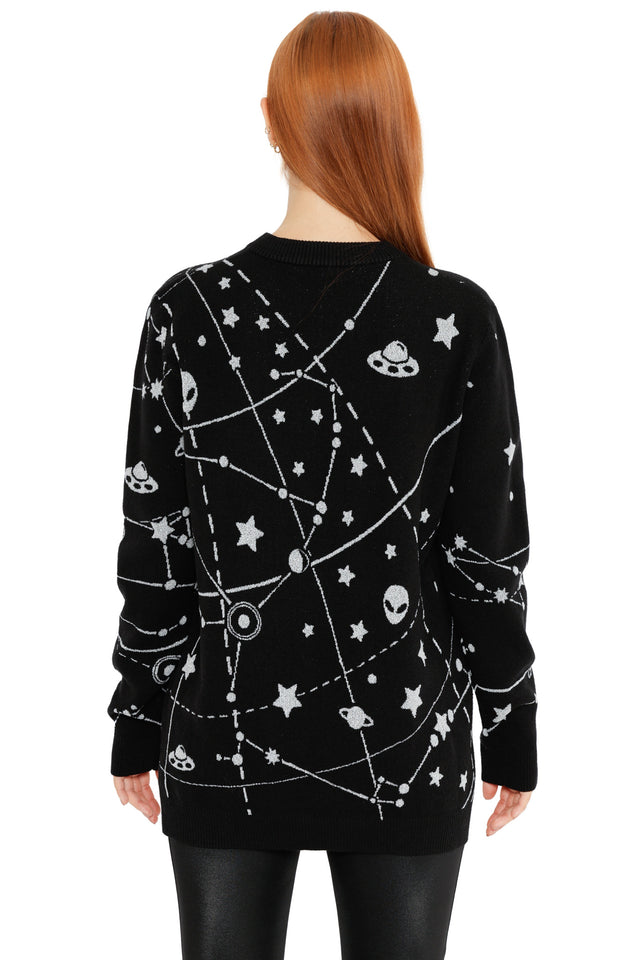 Statement black jumper with cosmic constellation print, planets and starry space motifs