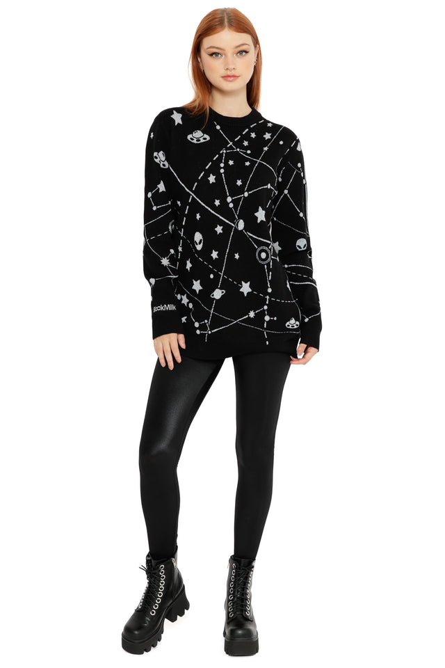 Galaxy-inspired black sweater with stars, UFOs and constellation line details