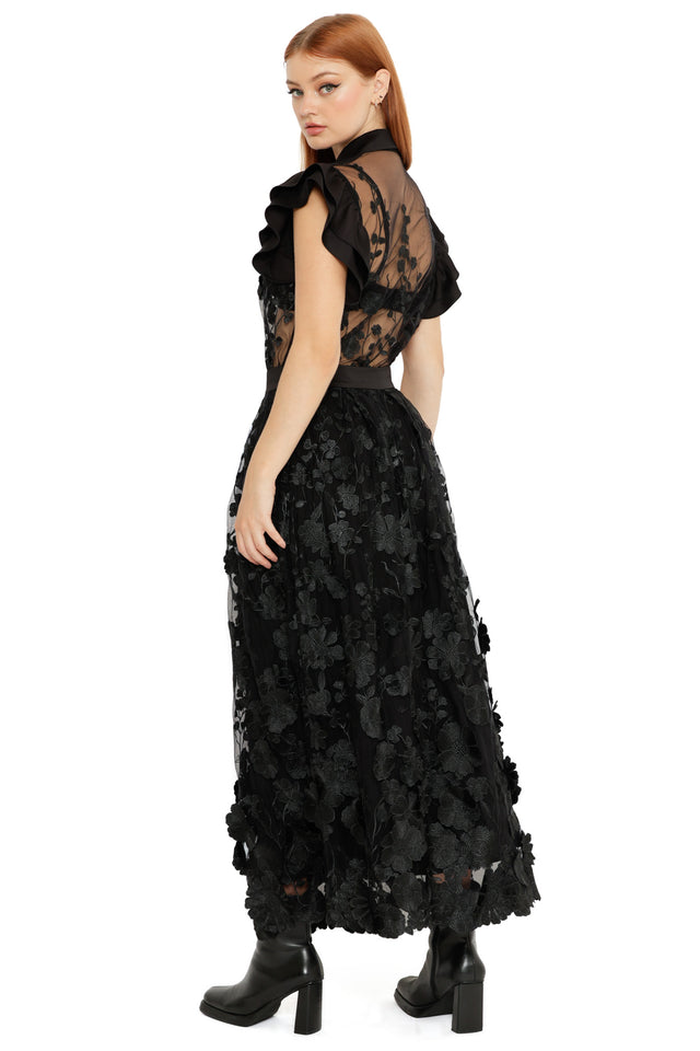 Gothic black lace frill sleeve top with sheer fabric and delicate floral pattern, the Altered Colour Lace Frill Sleeve Top features dramatic romantic styling