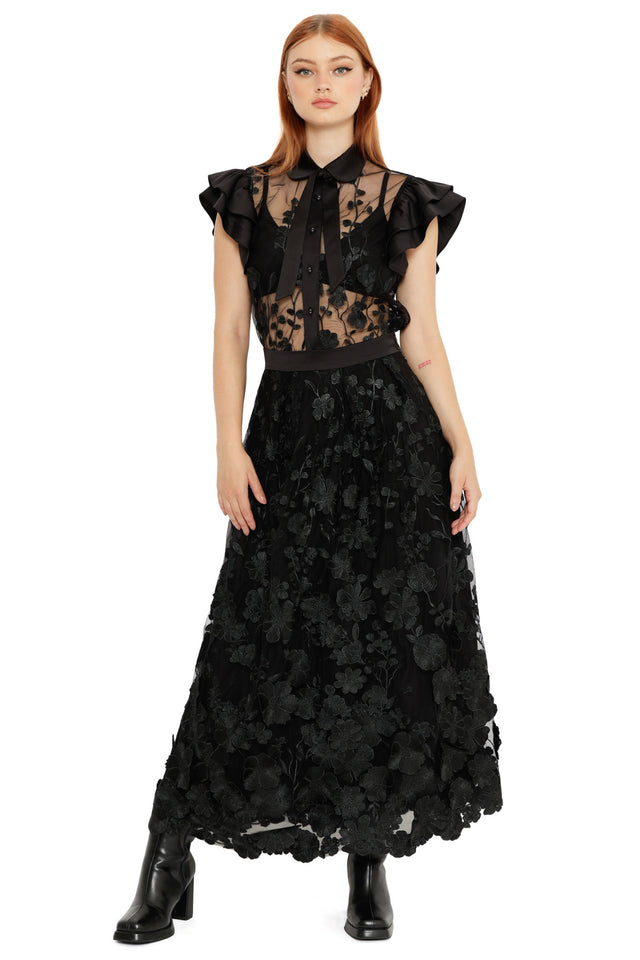 Front view of the Altered Colour Lace Frill Sleeve Top, highlighting the sheer floral lace texture, frilled sleeves and fitted bodice