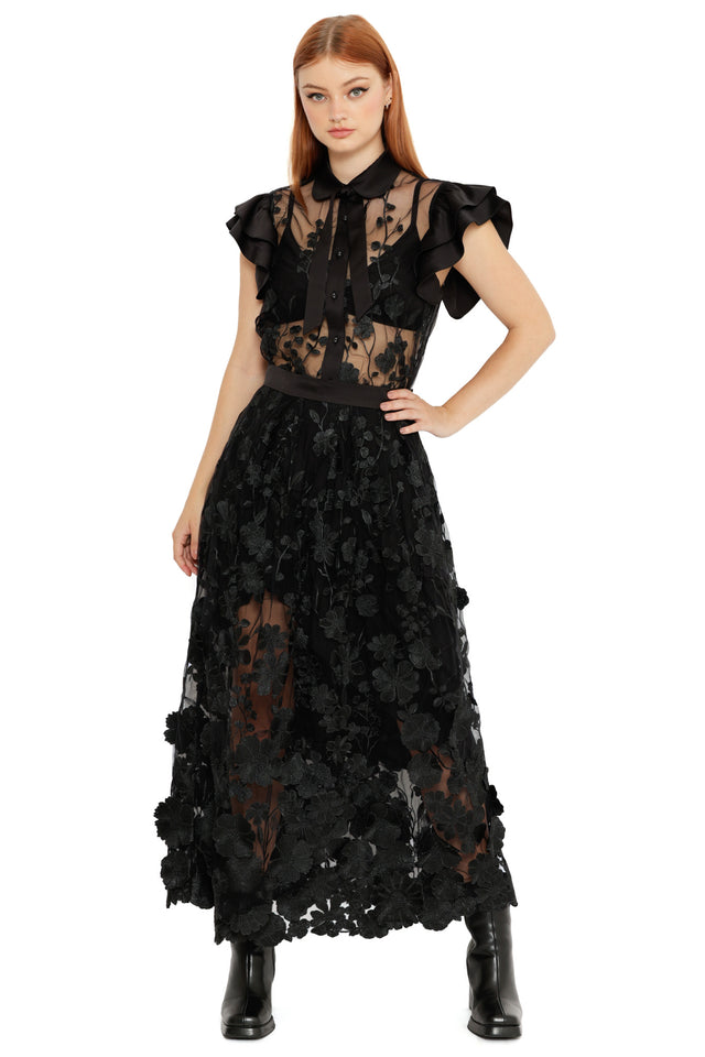 Gothic black lace maxi skirt with floral detailing, the Altered Colour Lace Maxi Skirt features a flowing silhouette and sheer romantic texture