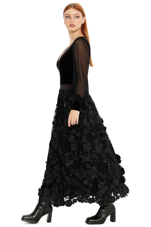 Black Altered Colour Lace Maxi Skirt featuring intricate floral lace, sheer overlay and dramatic flowing hem