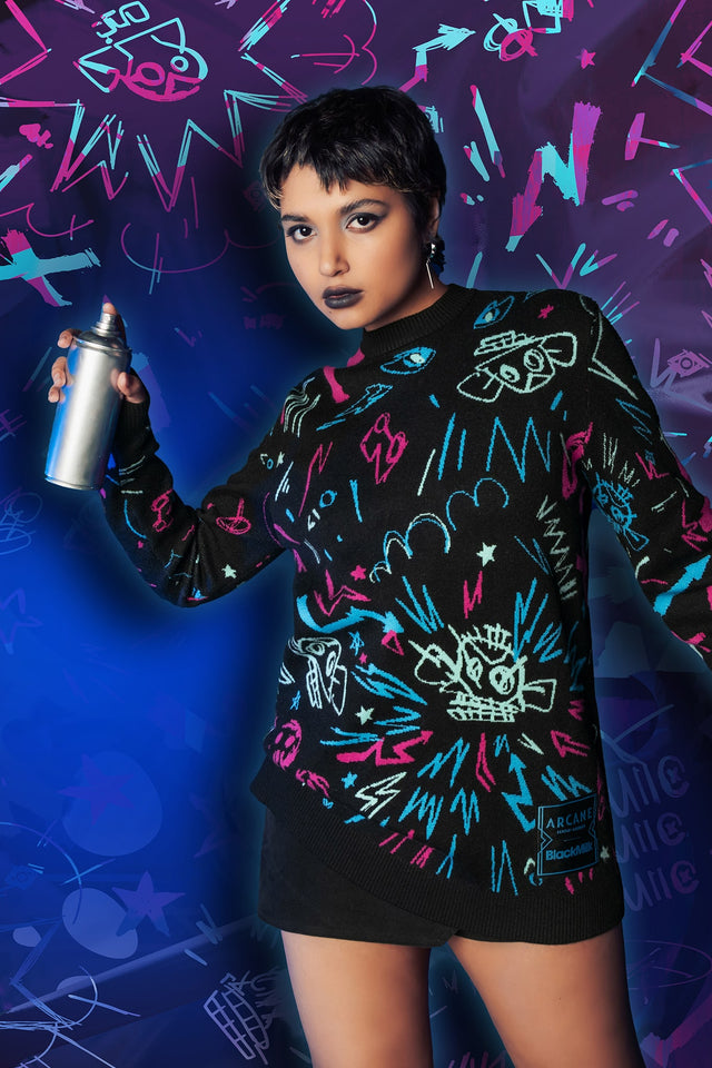 BlackMilk x League of Legends Arcane Jinx Graffiti Oversized Knit Sweater - Arcane Merchandise - Collaboration apparel - Licenced.