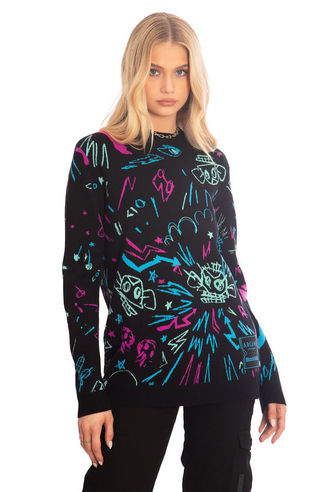 BlackMilk x League of Legends Arcane Jinx Graffiti Oversized Knit Sweater - Arcane Merchandise - Collaboration apparel - Licenced.