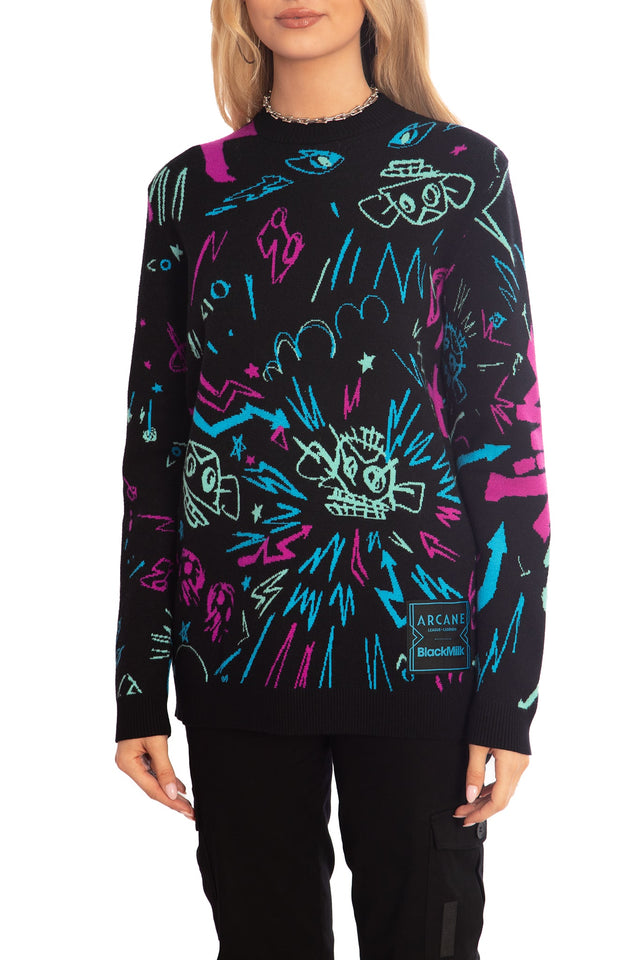 BlackMilk x League of Legends Arcane Jinx Graffiti Oversized Knit Sweater - Arcane Merchandise - Collaboration apparel - Licenced.