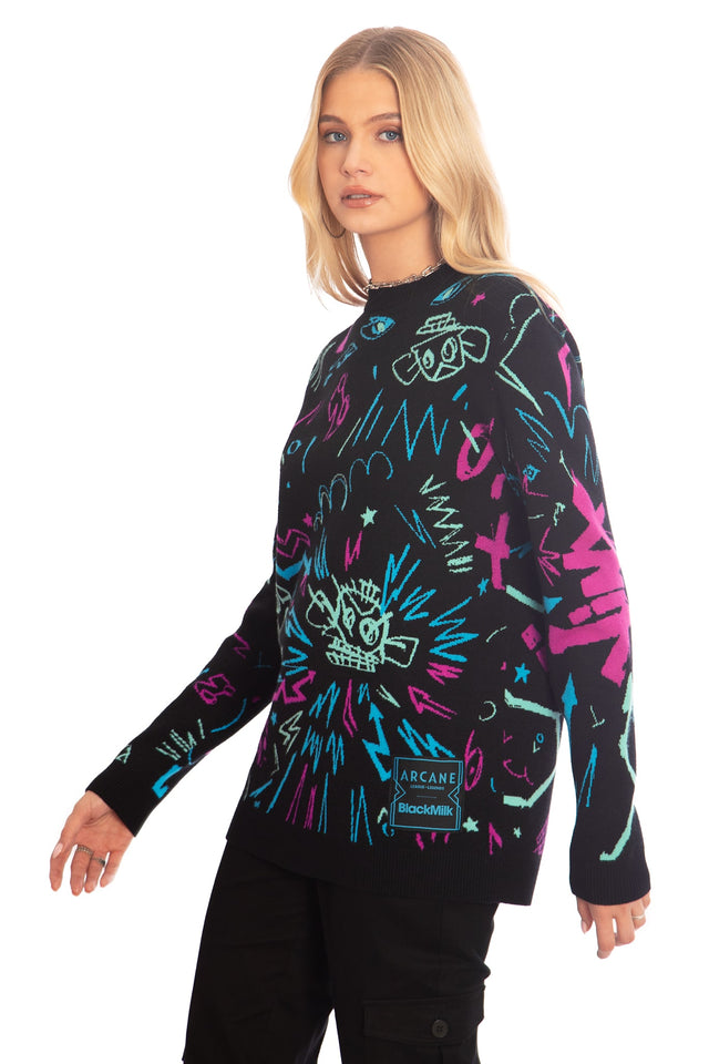 BlackMilk x League of Legends Arcane Jinx Graffiti Oversized Knit Sweater - Arcane Merchandise - Collaboration apparel - Licenced.