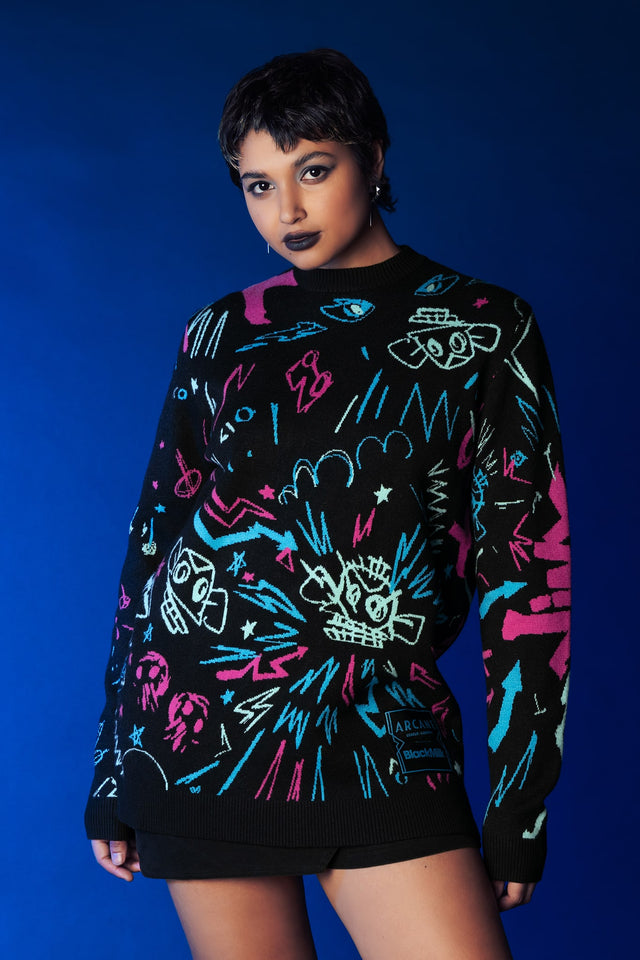 BlackMilk x League of Legends Arcane Jinx Graffiti Oversized Knit Sweater- Arcane Merchandise - Collaboration apparel - Licenced.