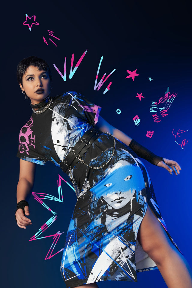 BlackMilk x League of Legends Arcane - Jinx Midi Tee Dress - Arcane Merchandise - Collaboration apparel - Licenced.