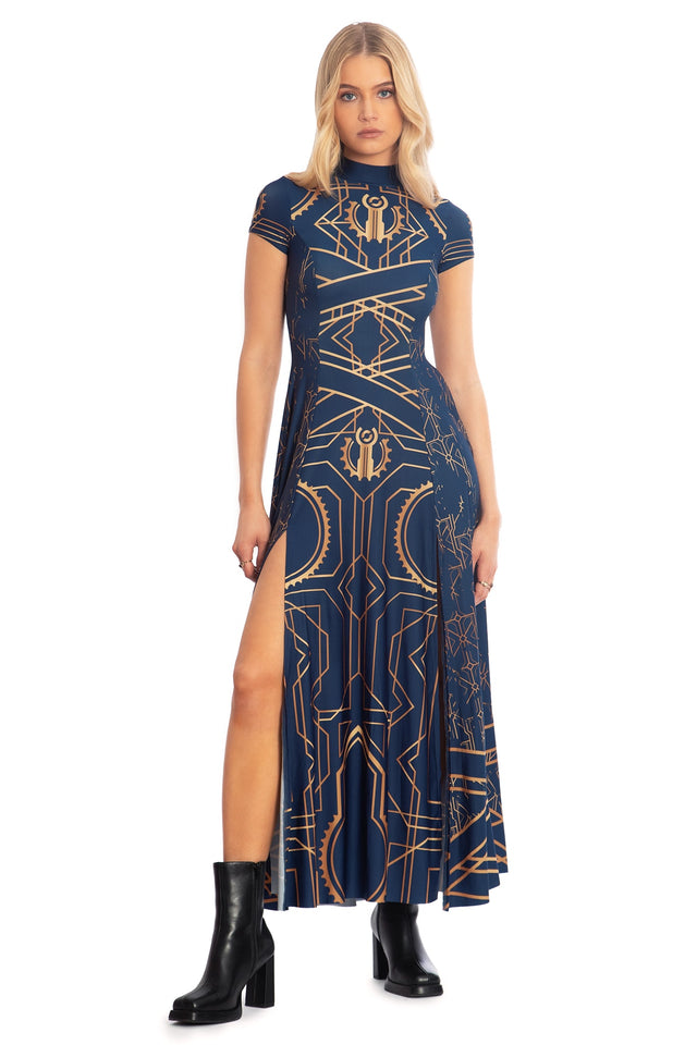 BlackMilk x League of Legends Arcane Piltover High Neck Cap Sleeve Split Maxi Dress - Arcane Merchandise - Collaboration apparel - Licenced.