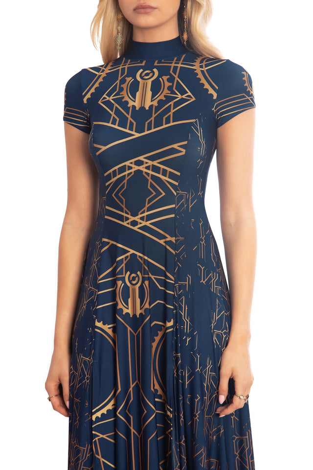 BlackMilk x League of Legends Arcane Piltover High Neck Cap Sleeve Split Maxi Dress - Arcane Merchandise - Collaboration apparel - Licenced.