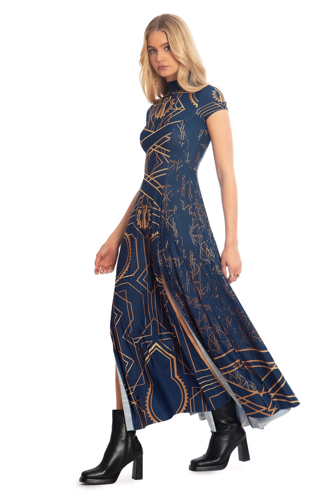 BlackMilk x League of Legends Arcane Piltover High Neck Cap Sleeve Split Maxi Dress - Arcane Merchandise - Collaboration apparel - Licenced.