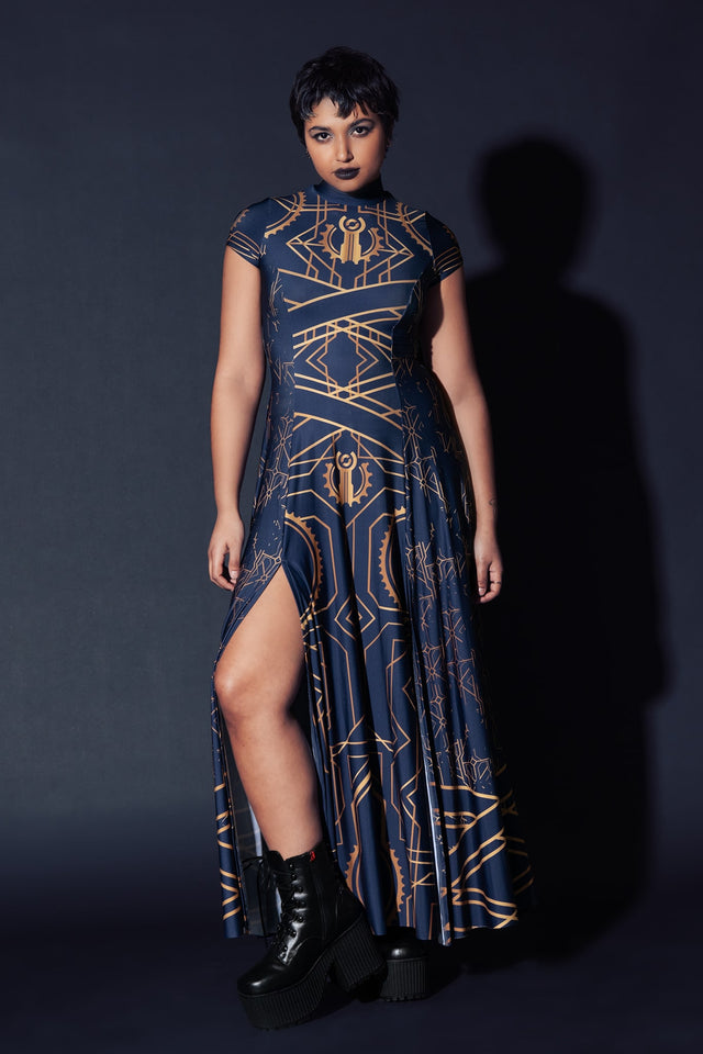 Piltover High Neck Cap Sleeve Split Maxi Dress